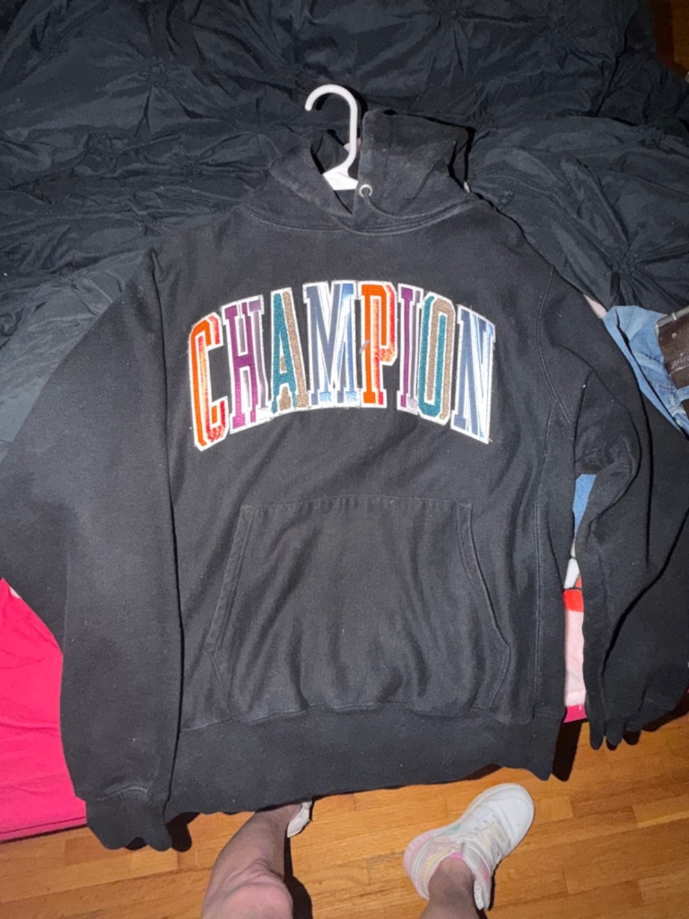 Champion Black Hoodie with Multicolor Arch Logo